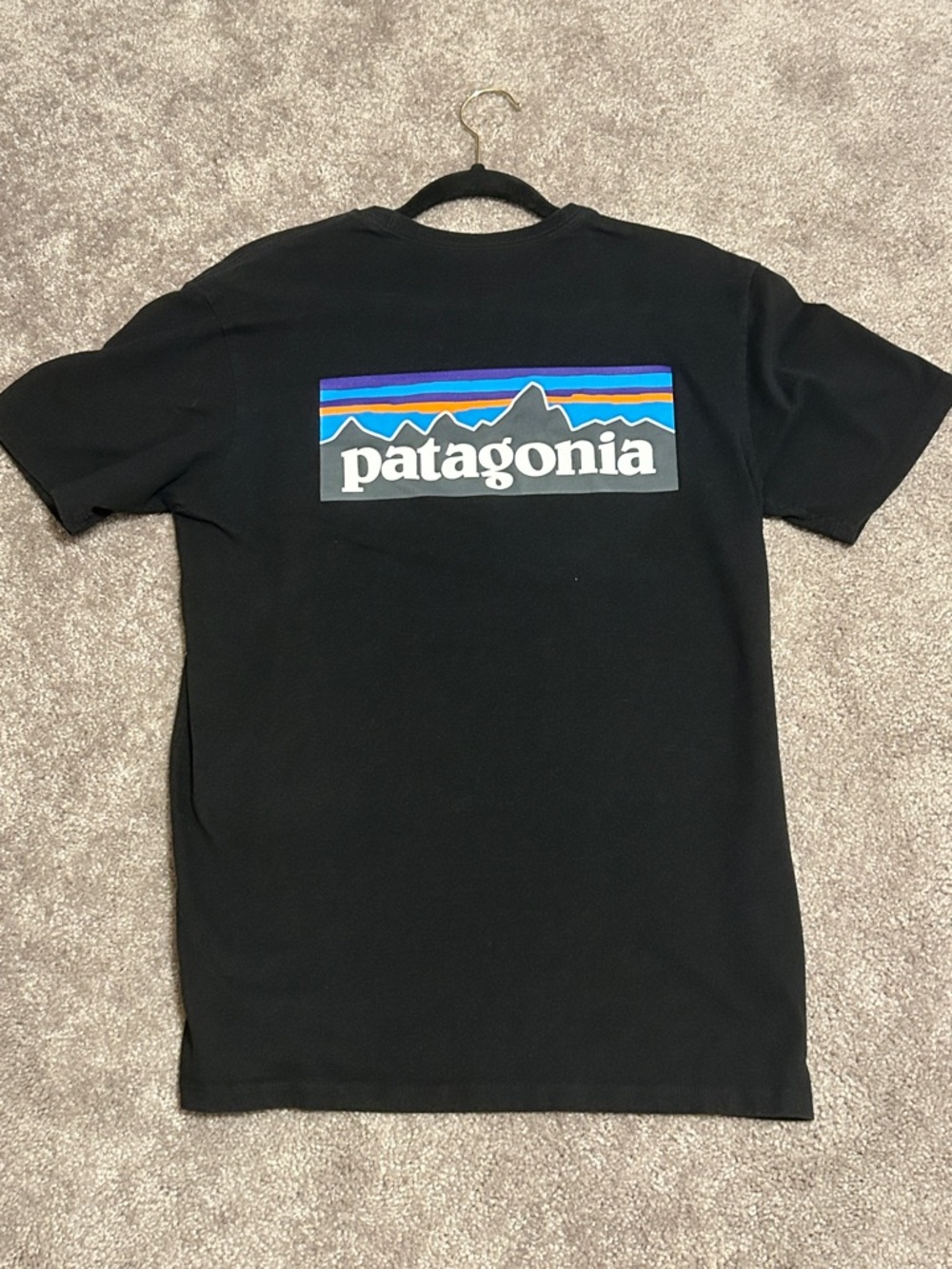Patagonia Black Tee with Multicolor Mountain Logo sz:small